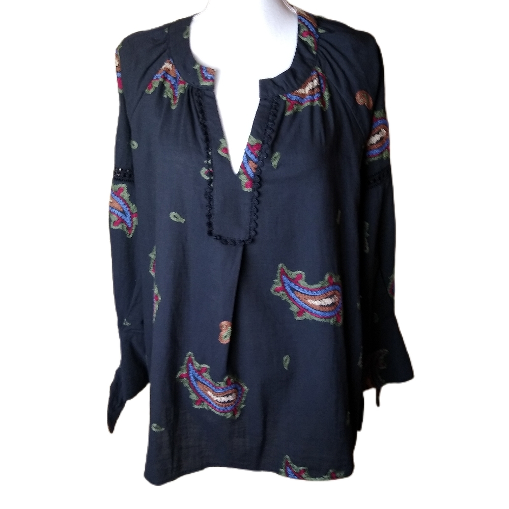 Ellison Top Black Multicolor Boho  Embroidered Size S